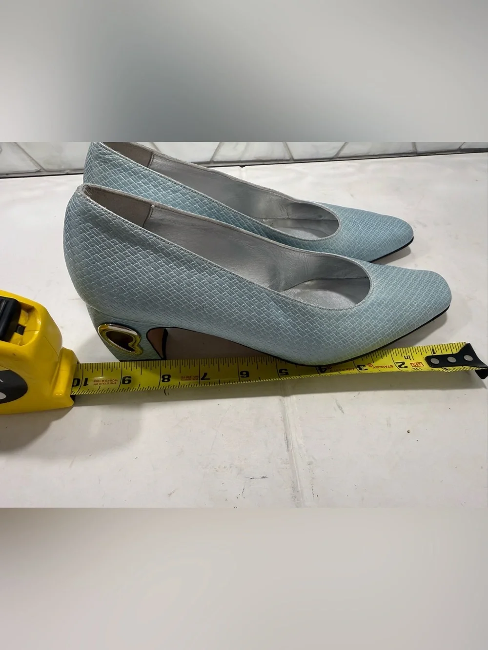 Timothy Hitsman VTG Textured Light Blue Pump Shoe Metal Heart Block Heel 5.5-6?
